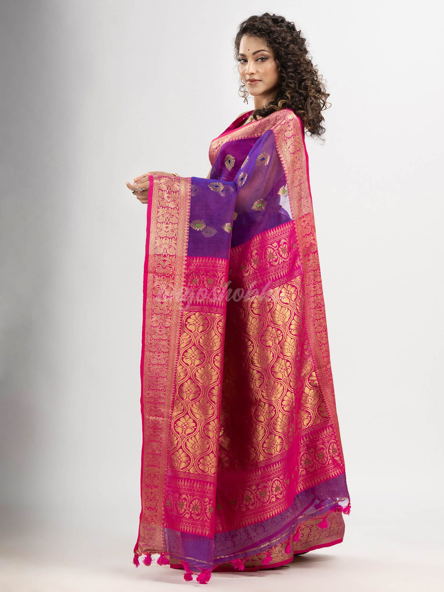 Purple art silk Muslin Jacquard Jamdani Saree