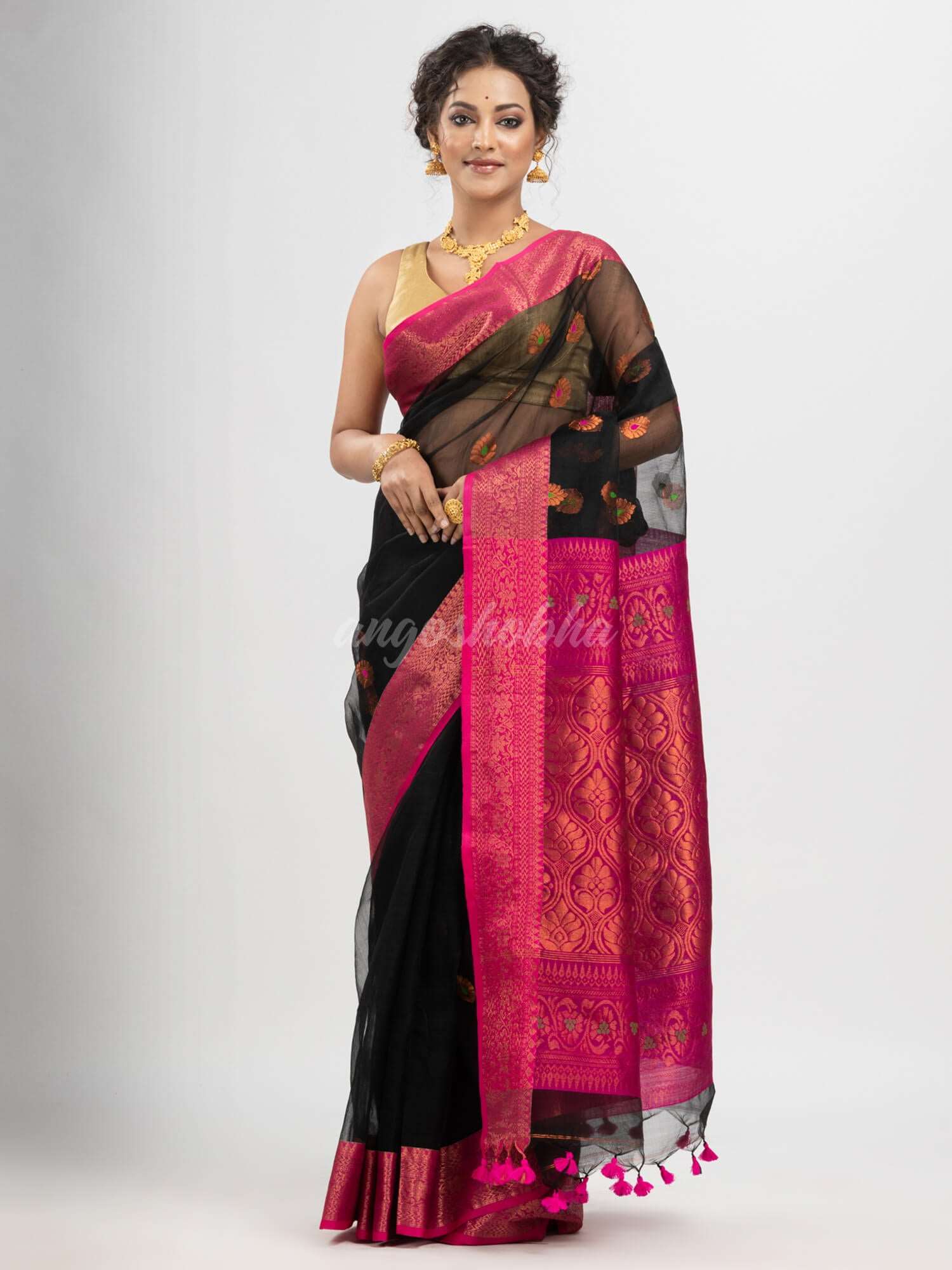 Black art silk Muslin Jacquard Jamdani Saree