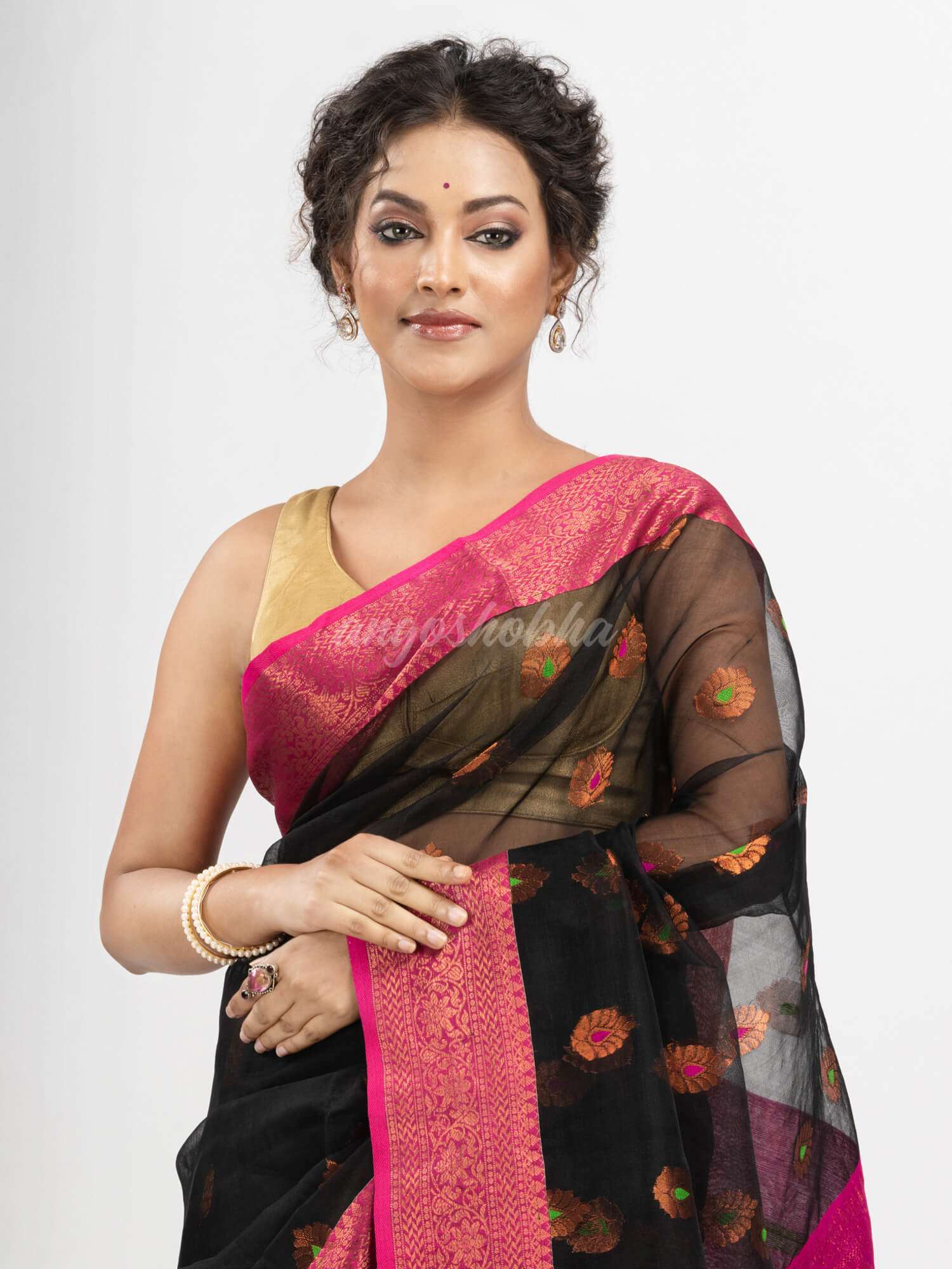 Black art silk Muslin Jacquard Jamdani Saree