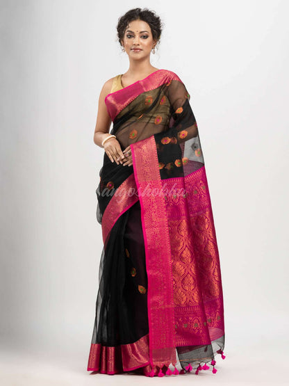 Black art silk Muslin Jacquard Jamdani Saree