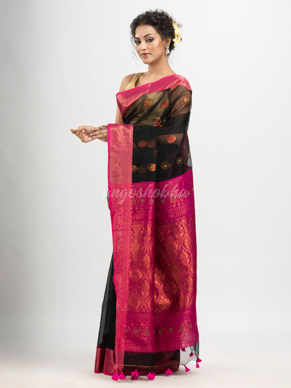 Black art silk Muslin Jacquard Jamdani Saree