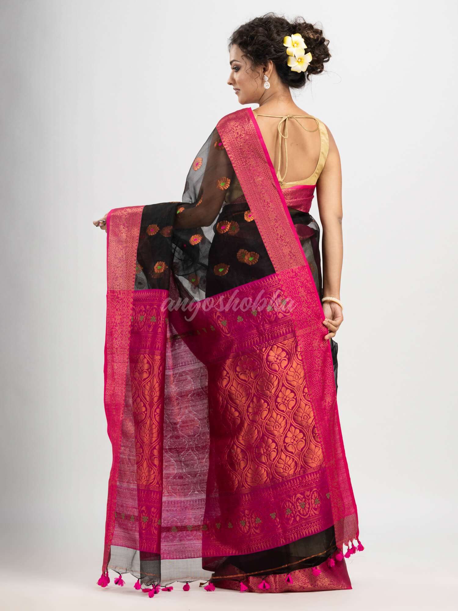 Black art silk Muslin Jacquard Jamdani Saree