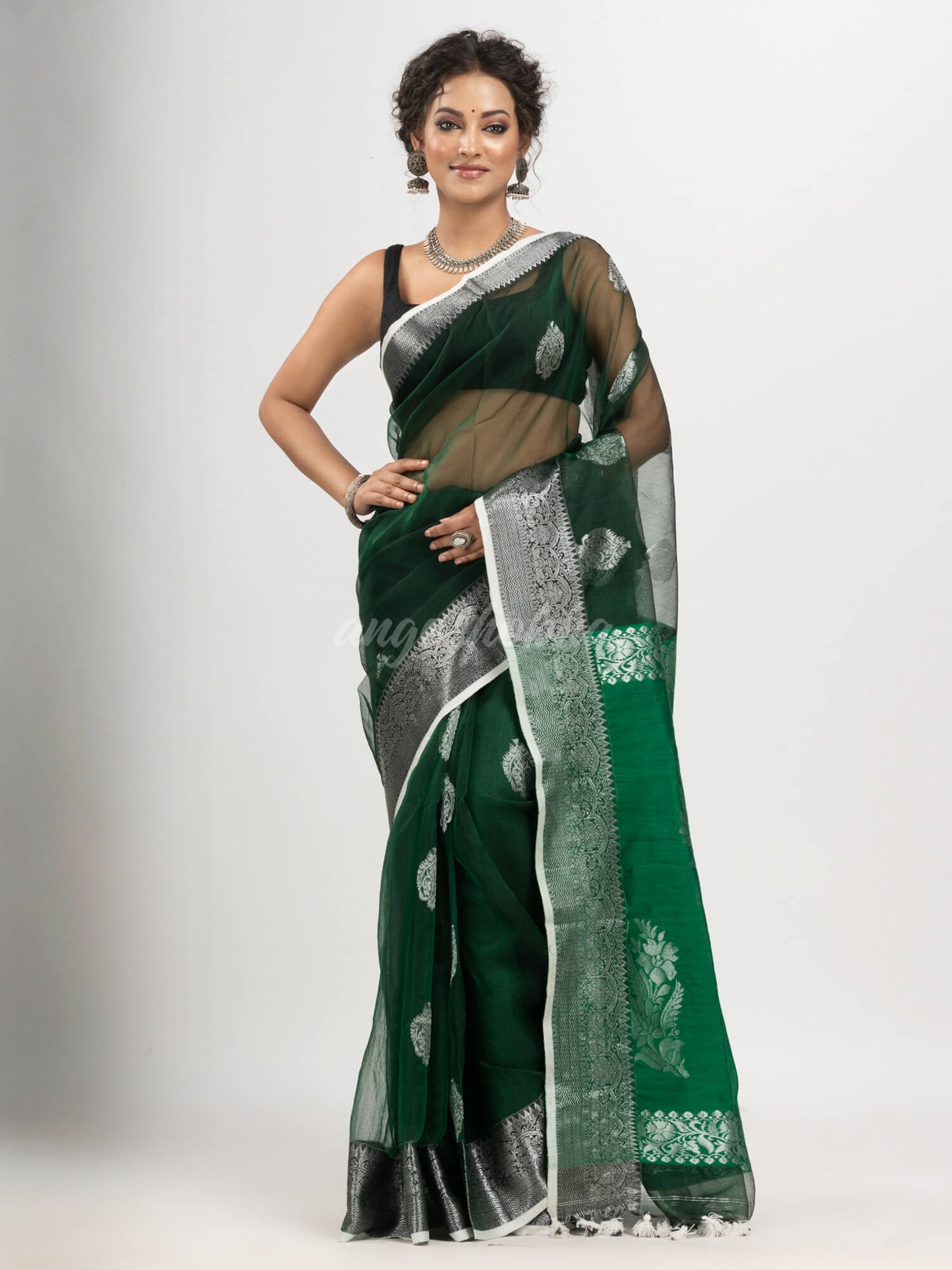 Bottle Green art silk Muslin Jacquard Jamdani Saree