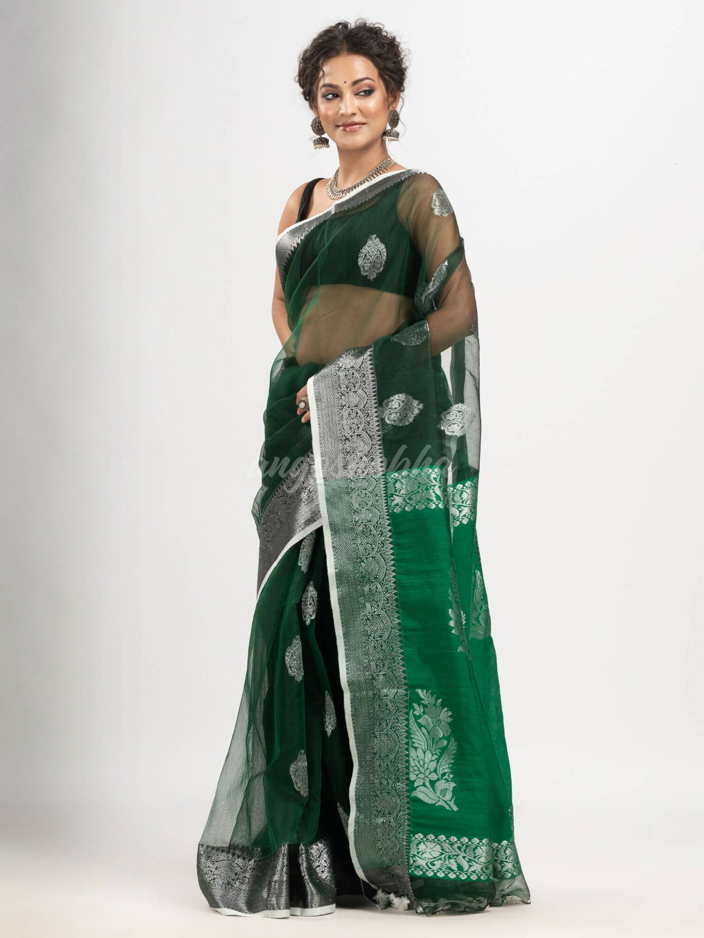 Bottle Green art silk Muslin Jacquard Jamdani Saree