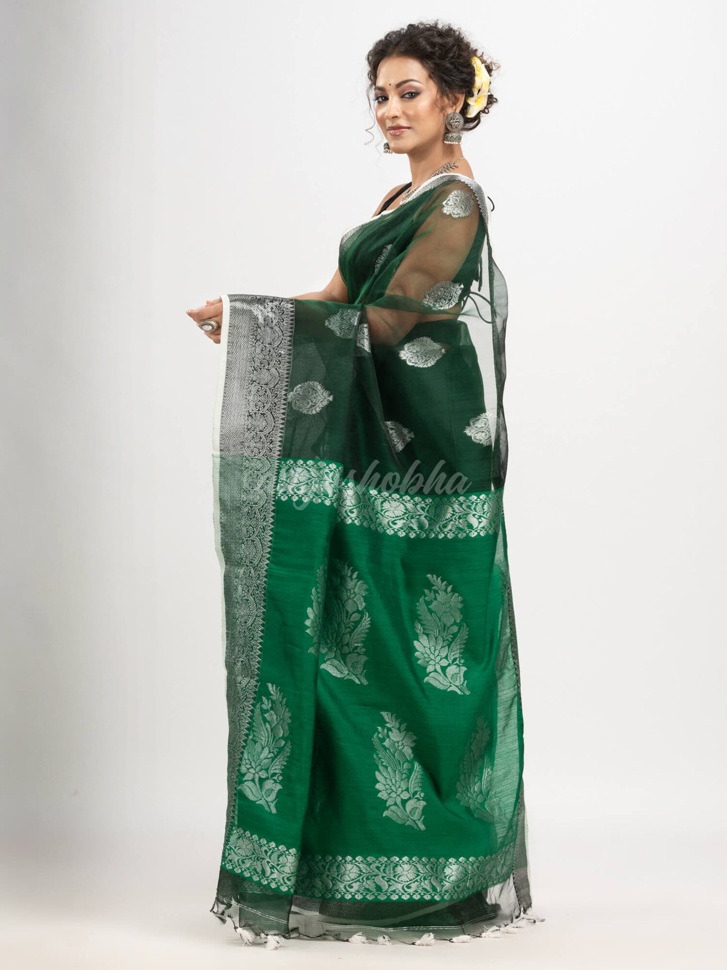 Bottle Green art silk Muslin Jacquard Jamdani Saree