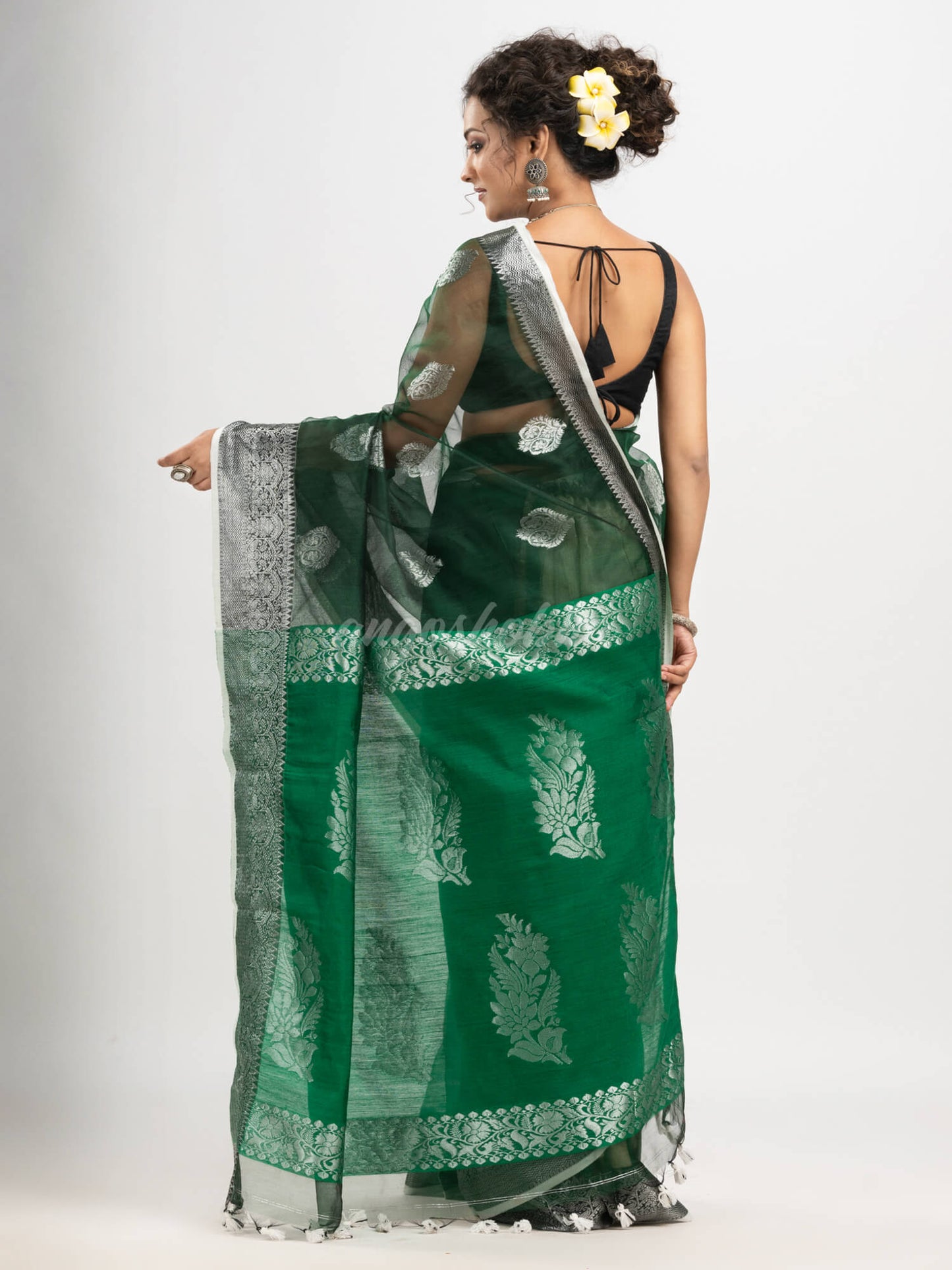 Bottle Green art silk Muslin Jacquard Jamdani Saree