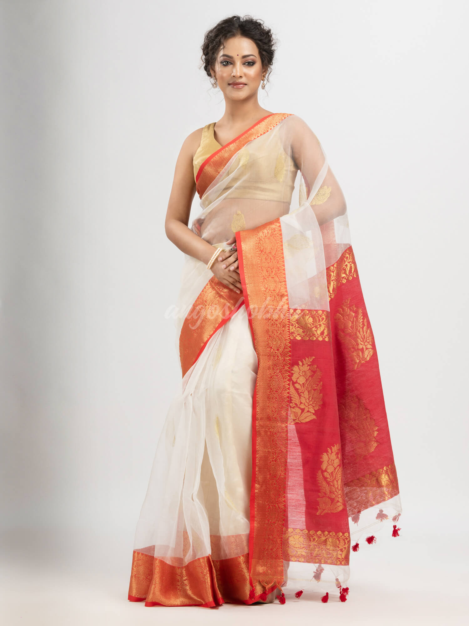 White art silk Muslin Jacquard Jamdani Saree