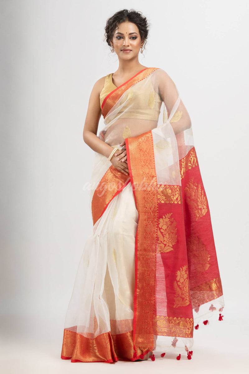 White art silk Muslin Jacquard Jamdani Saree