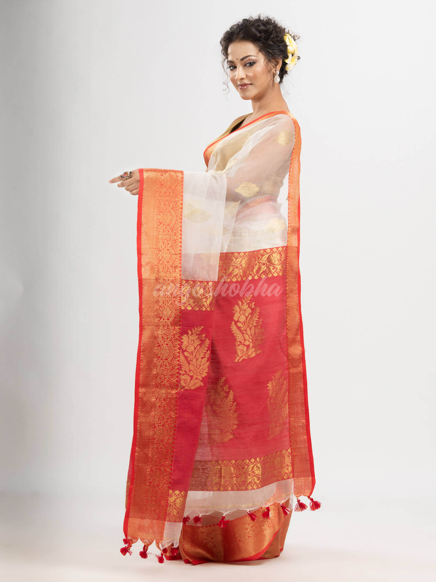White art silk Muslin Jacquard Jamdani Saree