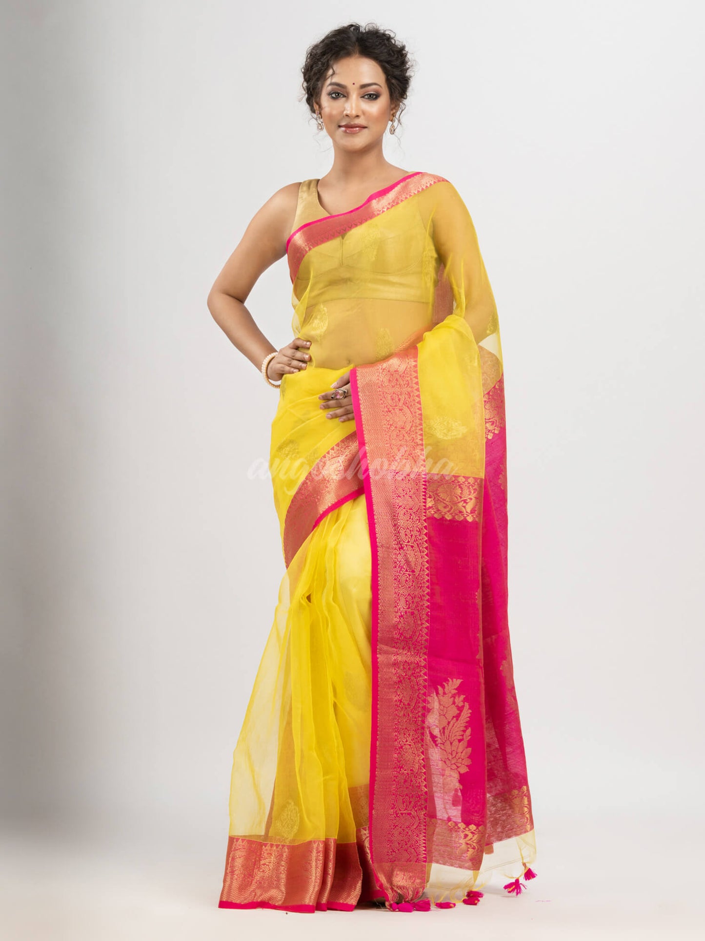 Bright Yellow art silk Muslin Jacquard Jamdani Saree