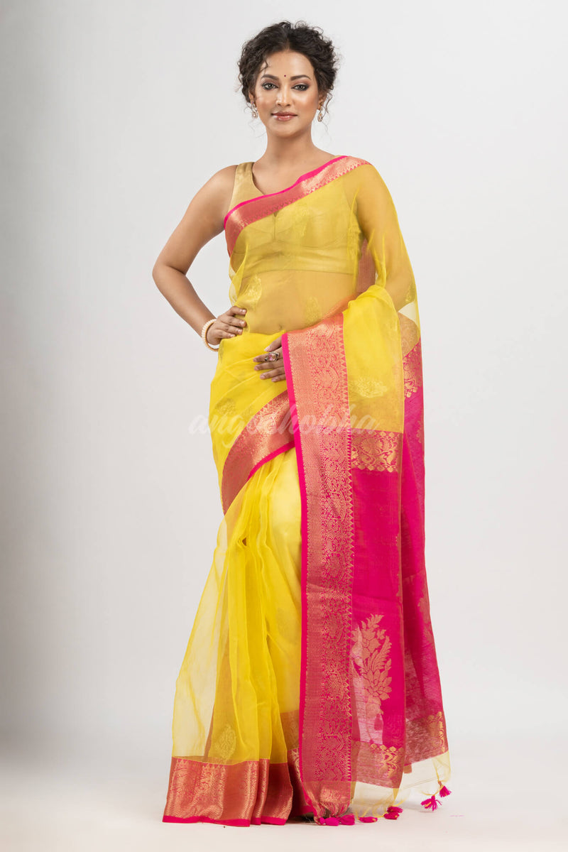 Bright Yellow art silk Muslin Jacquard Jamdani Saree