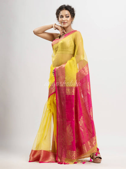 Bright Yellow art silk Muslin Jacquard Jamdani Saree