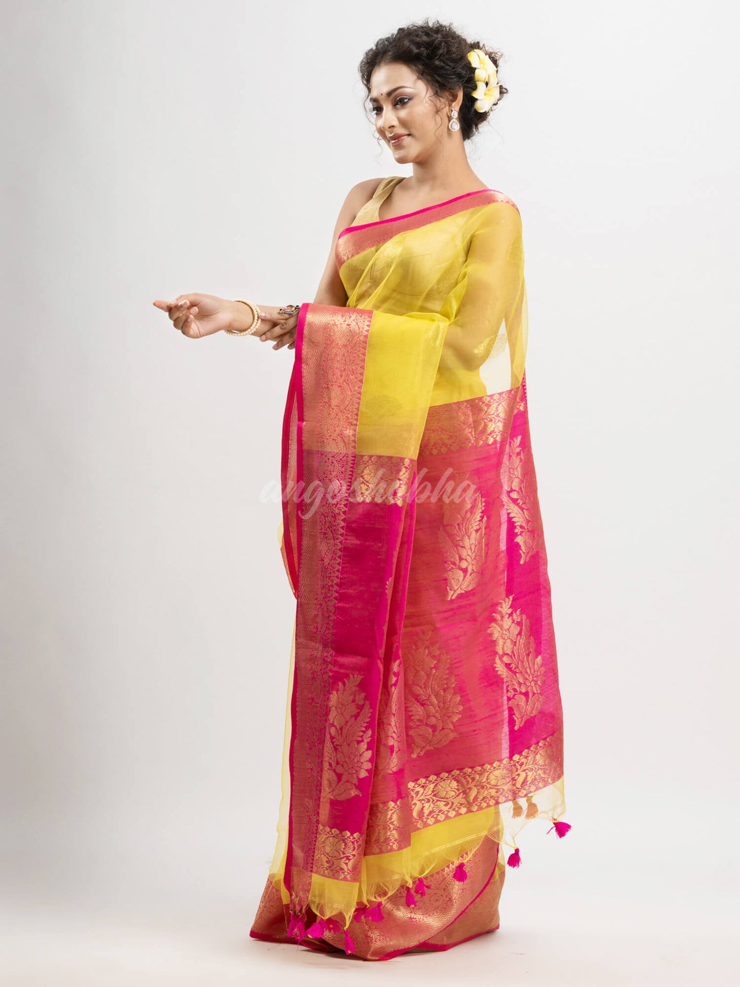 Bright Yellow art silk Muslin Jacquard Jamdani Saree