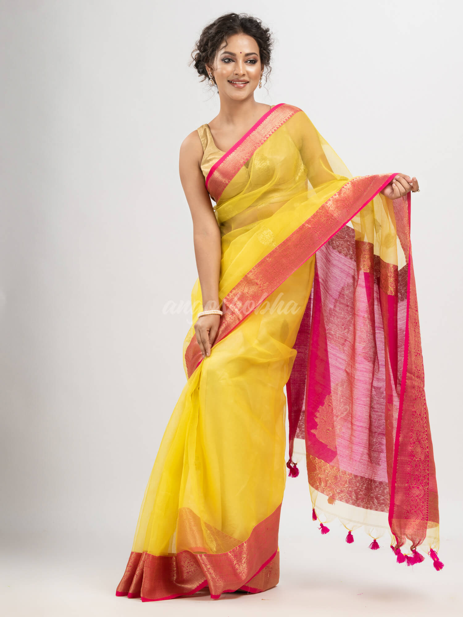 Bright Yellow art silk Muslin Jacquard Jamdani Saree