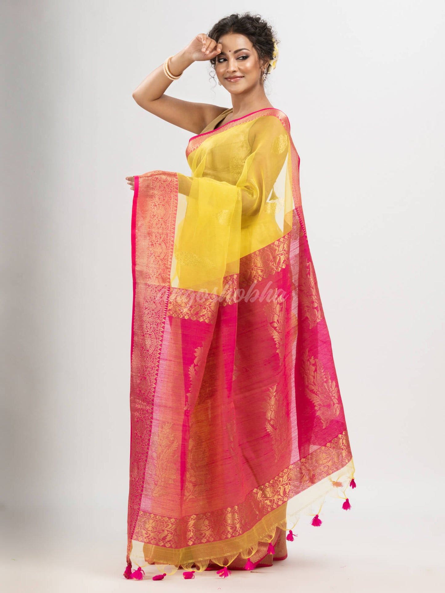 Bright Yellow art silk Muslin Jacquard Jamdani Saree