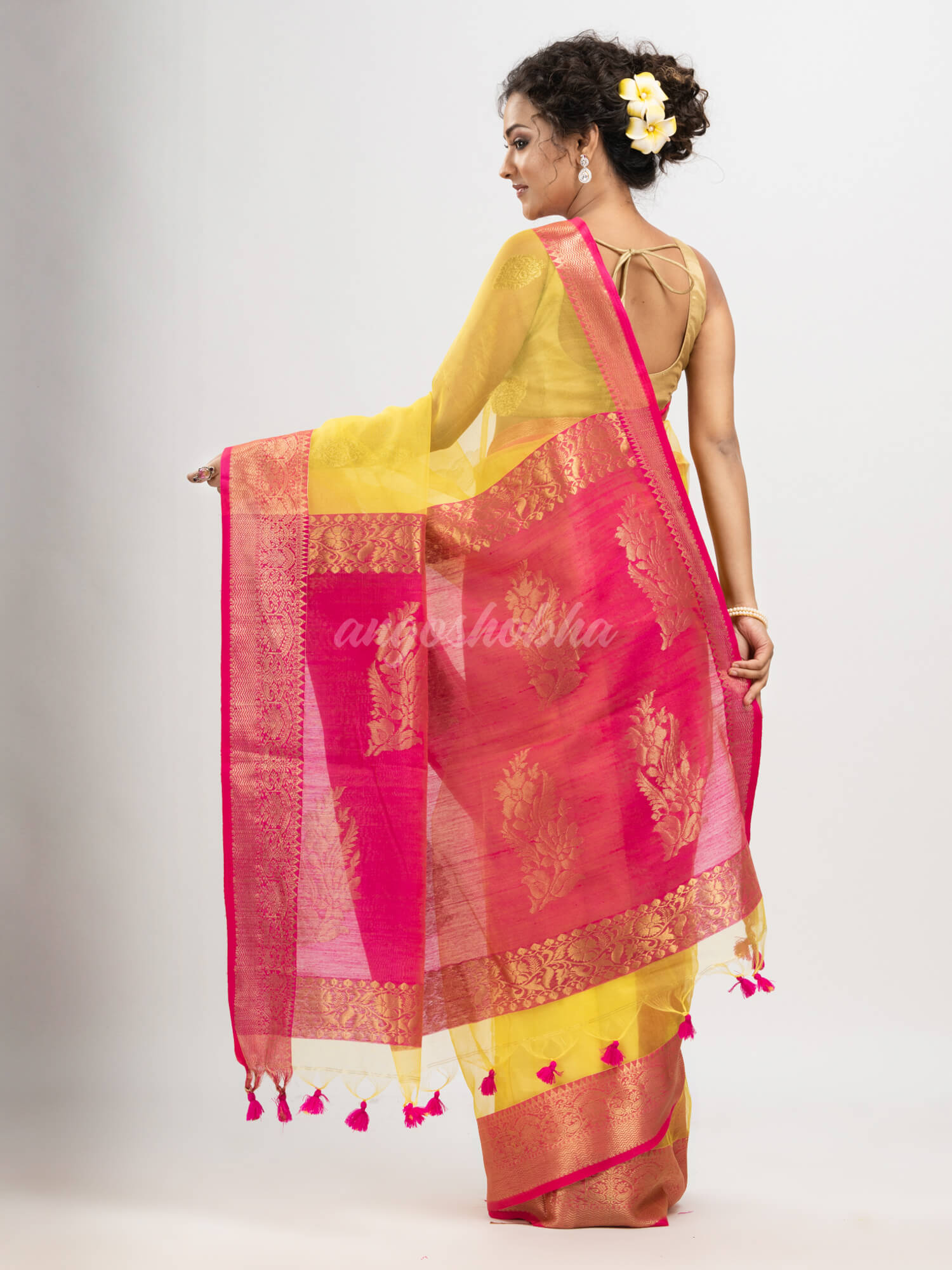 Bright Yellow art silk Muslin Jacquard Jamdani Saree