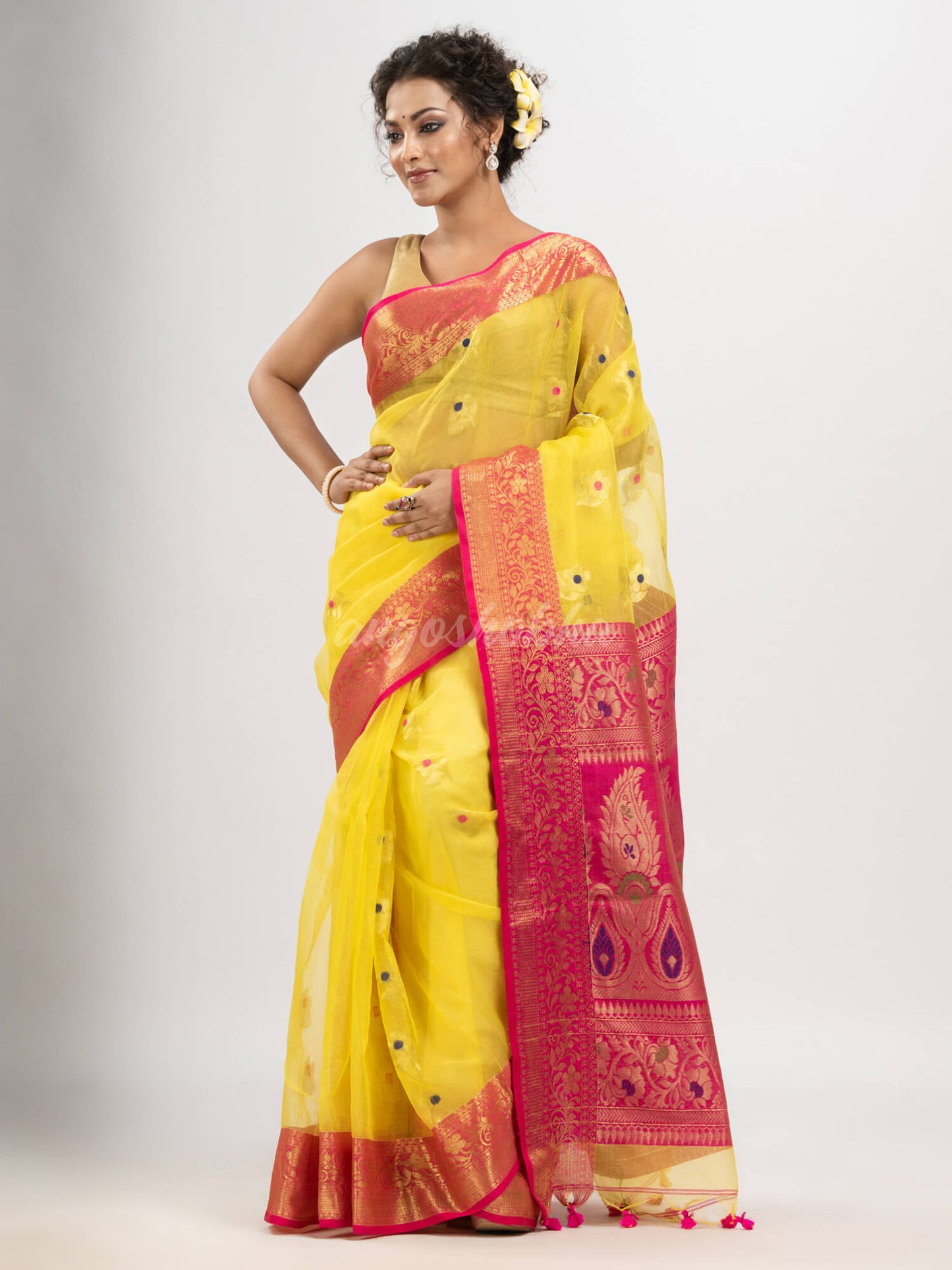 Bright yellow art silk Muslin Jacquard Jamdani Saree