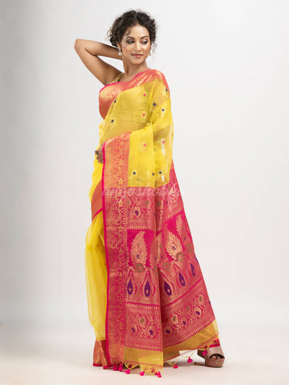 Bright yellow art silk Muslin Jacquard Jamdani Saree