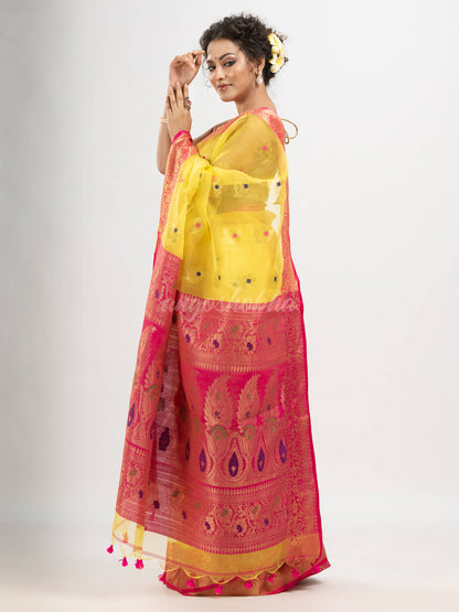 Bright yellow art silk Muslin Jacquard Jamdani Saree