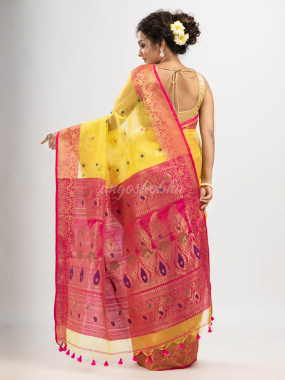 Bright yellow art silk Muslin Jacquard Jamdani Saree