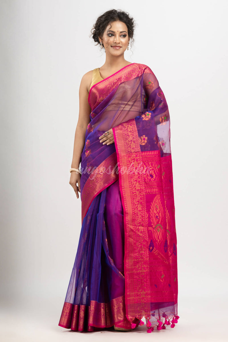 Purple art silk Muslin Jacquard Jamdani Saree