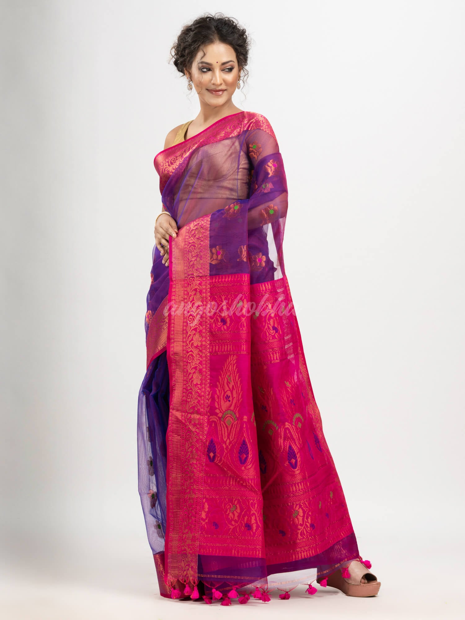 Purple art silk Muslin Jacquard Jamdani Saree