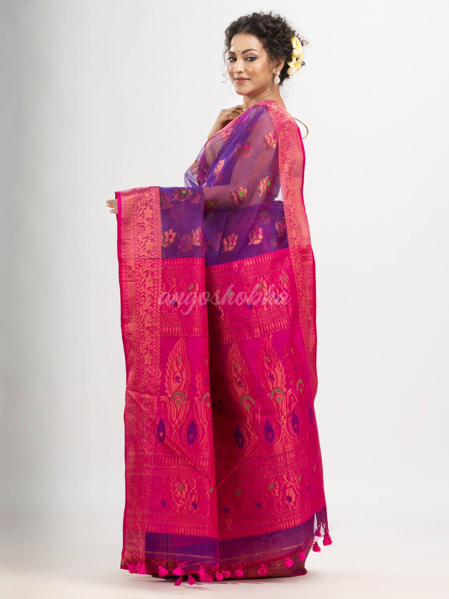 Purple art silk Muslin Jacquard Jamdani Saree