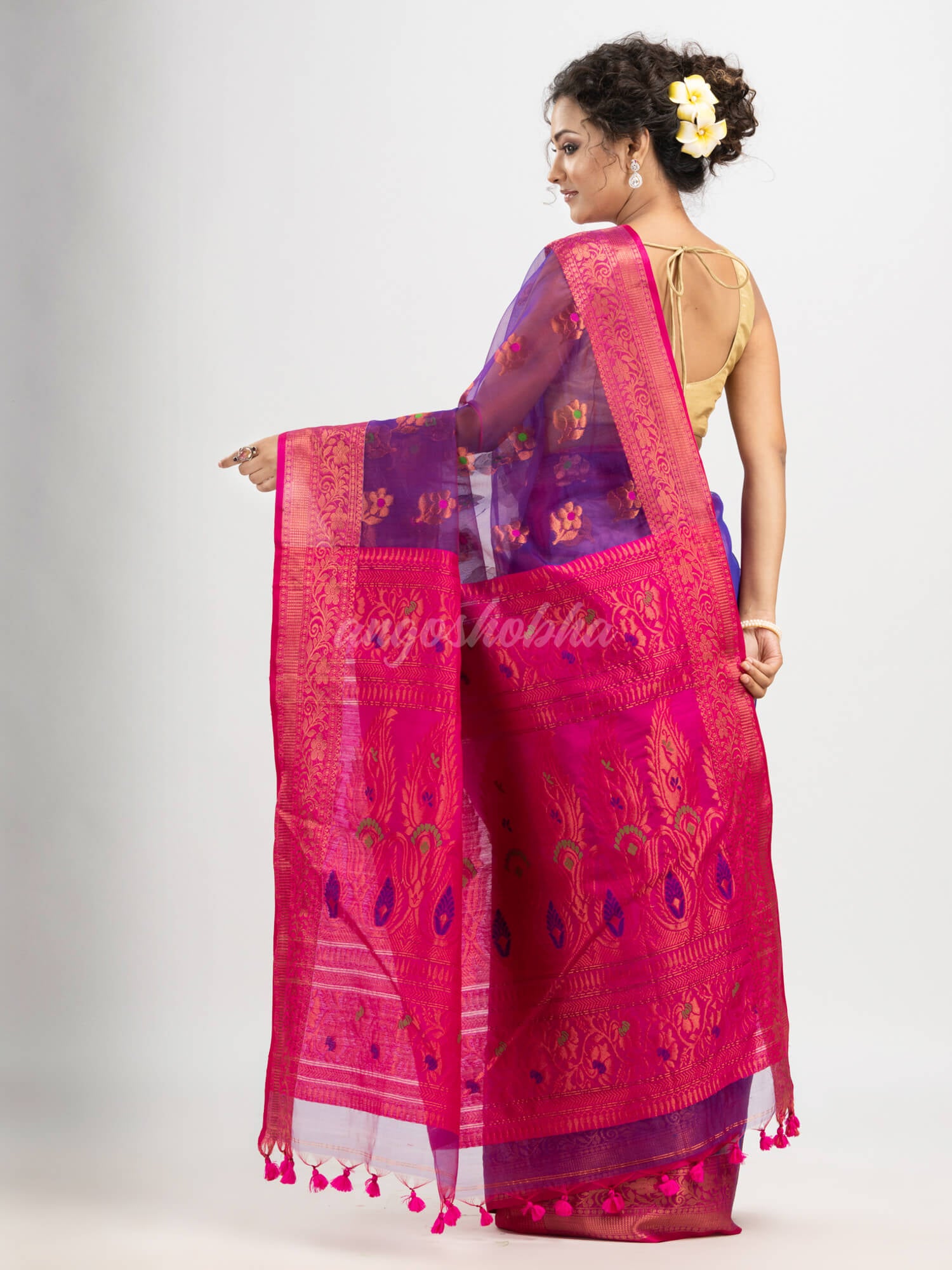 Purple art silk Muslin Jacquard Jamdani Saree