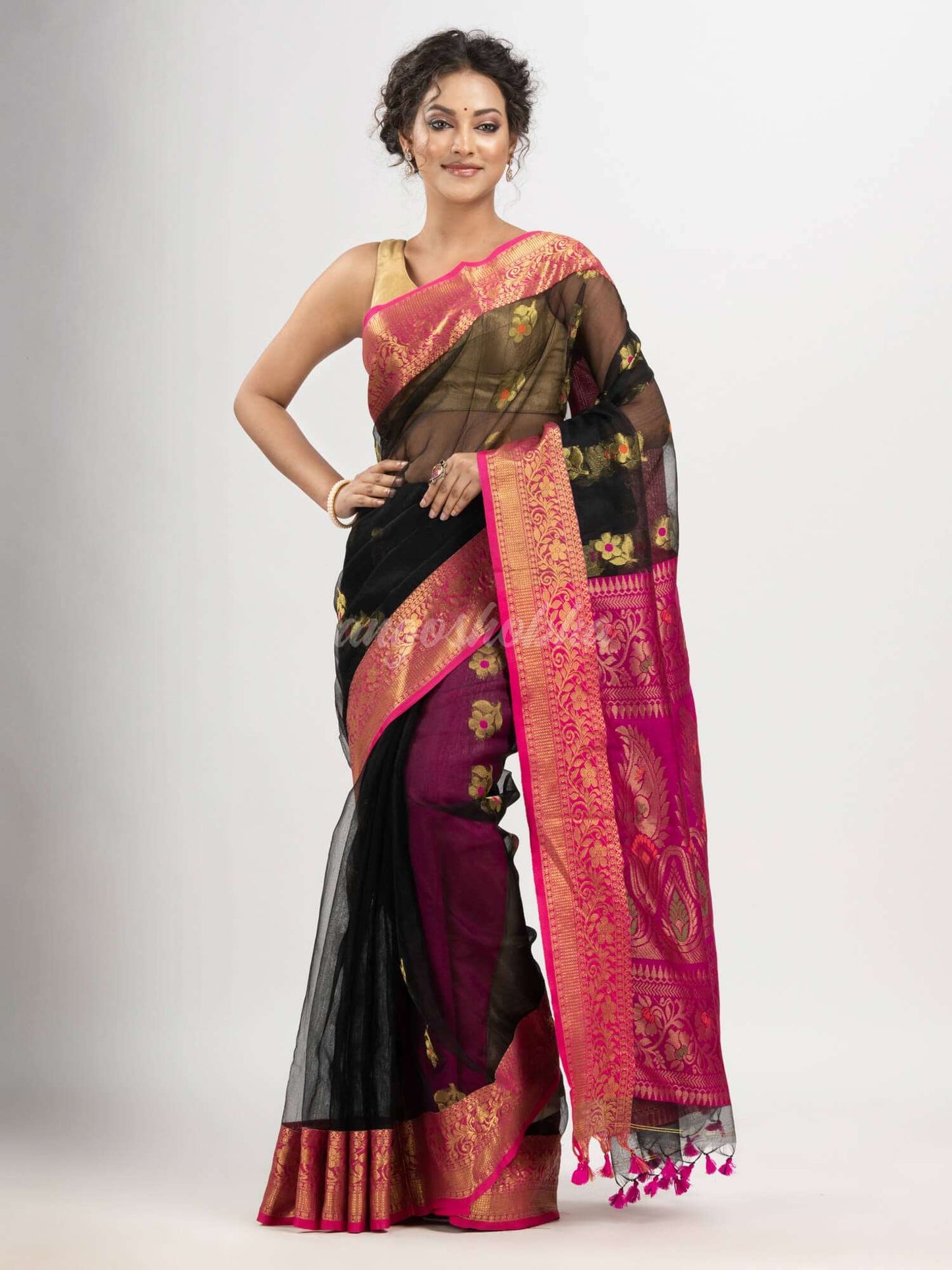 Black art silk with Muslin Jacquard Jamdani Saree