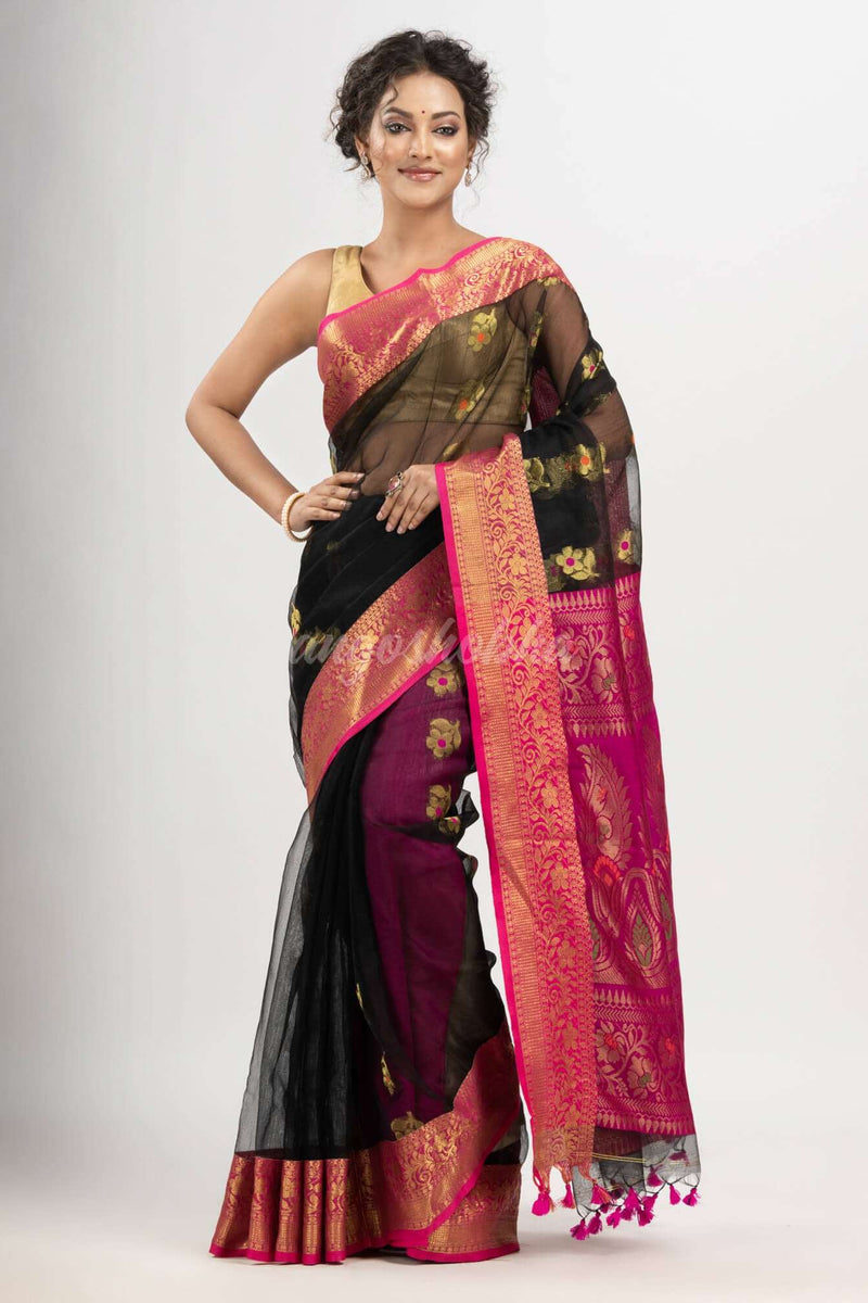 Black art silk with Muslin Jacquard Jamdani Saree