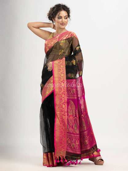 Black art silk with Muslin Jacquard Jamdani Saree