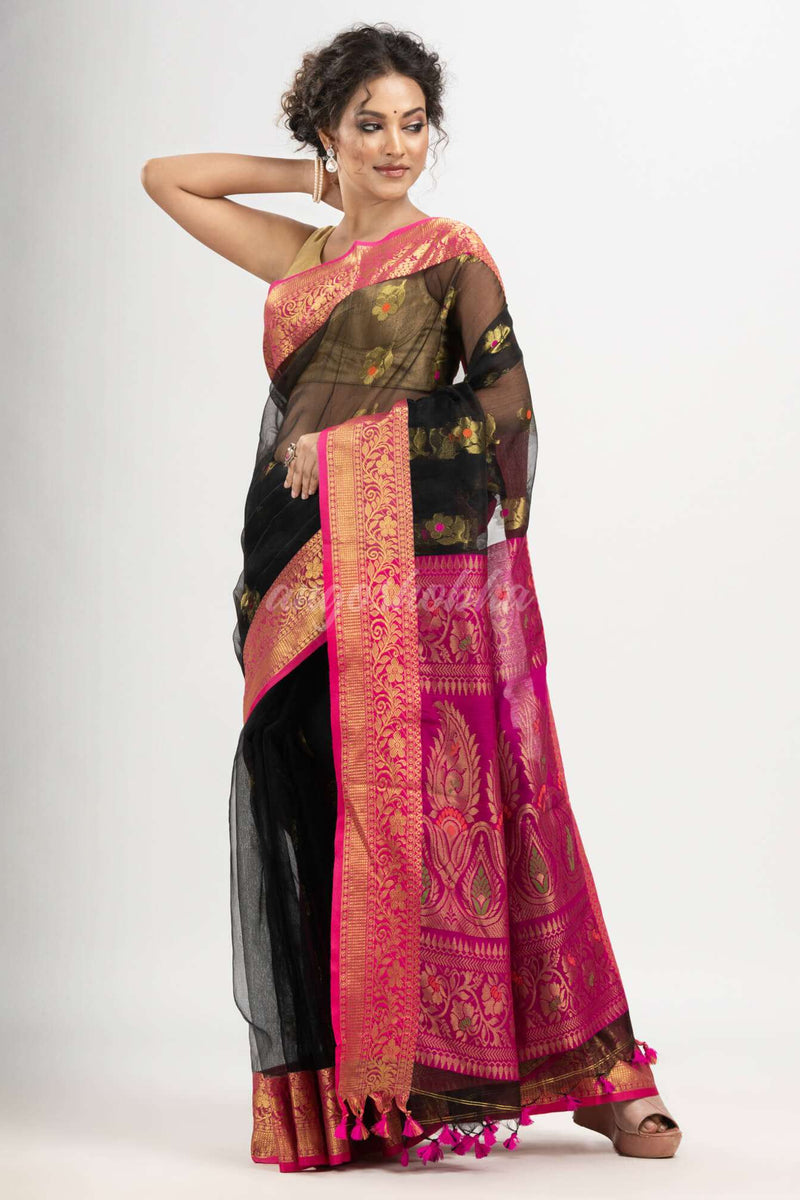 Black art silk with Muslin Jacquard Jamdani Saree