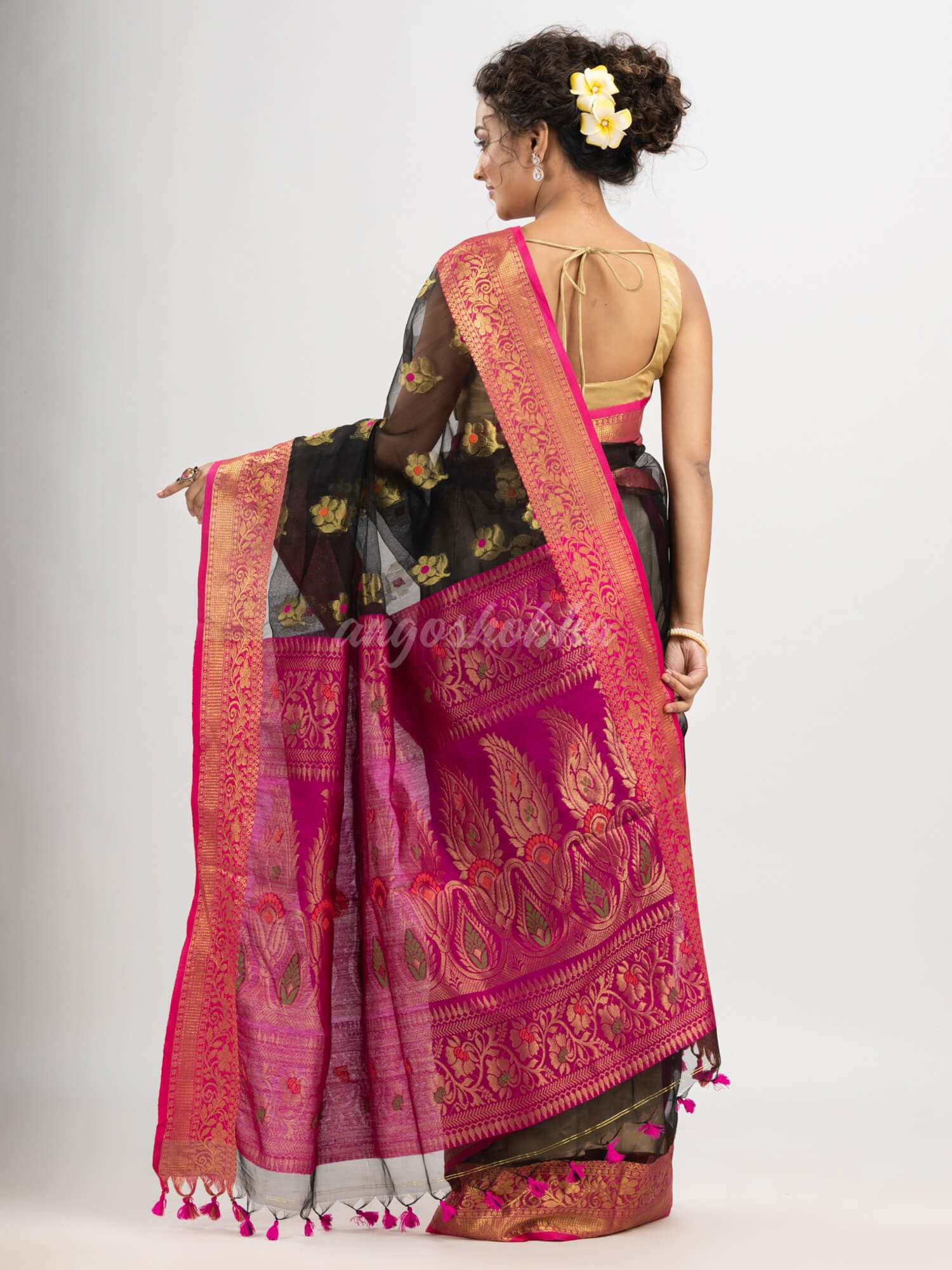 Black art silk with Muslin Jacquard Jamdani Saree