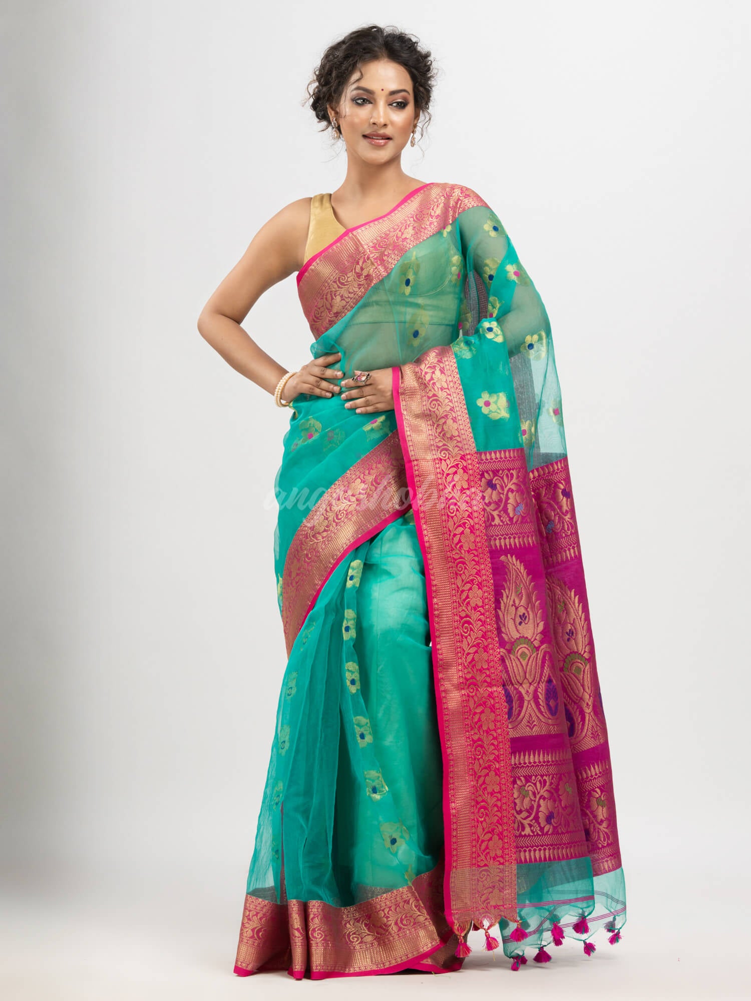 Turquoise art silk with pallu kalka banarasi saree