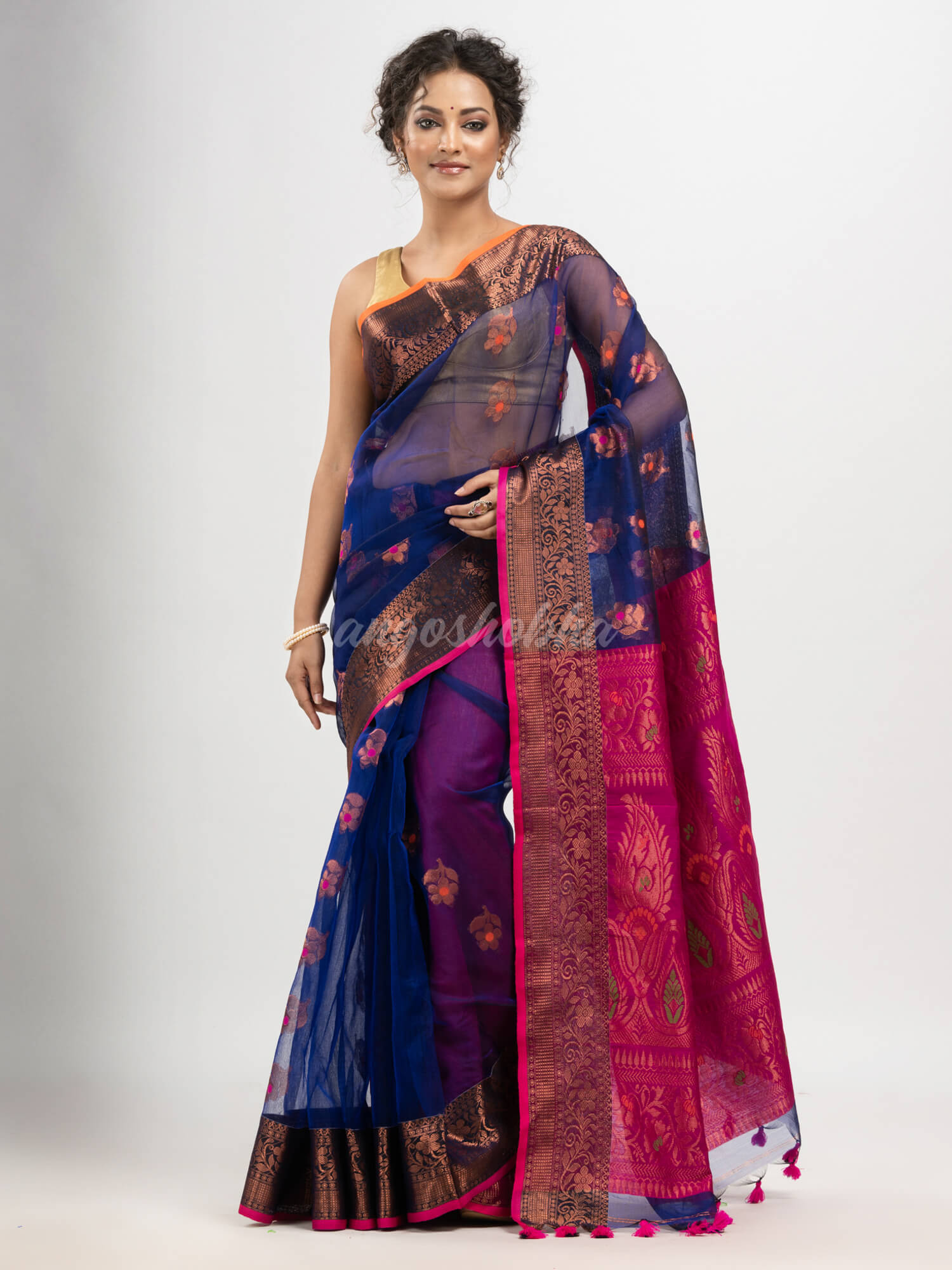 Royal Blue art silk Muslin Jacquard Jamdani Saree