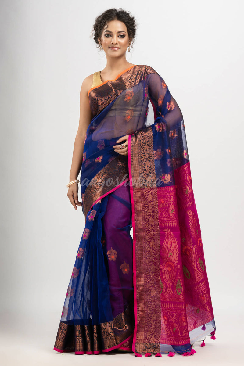 Royal Blue art silk Muslin Jacquard Jamdani Saree