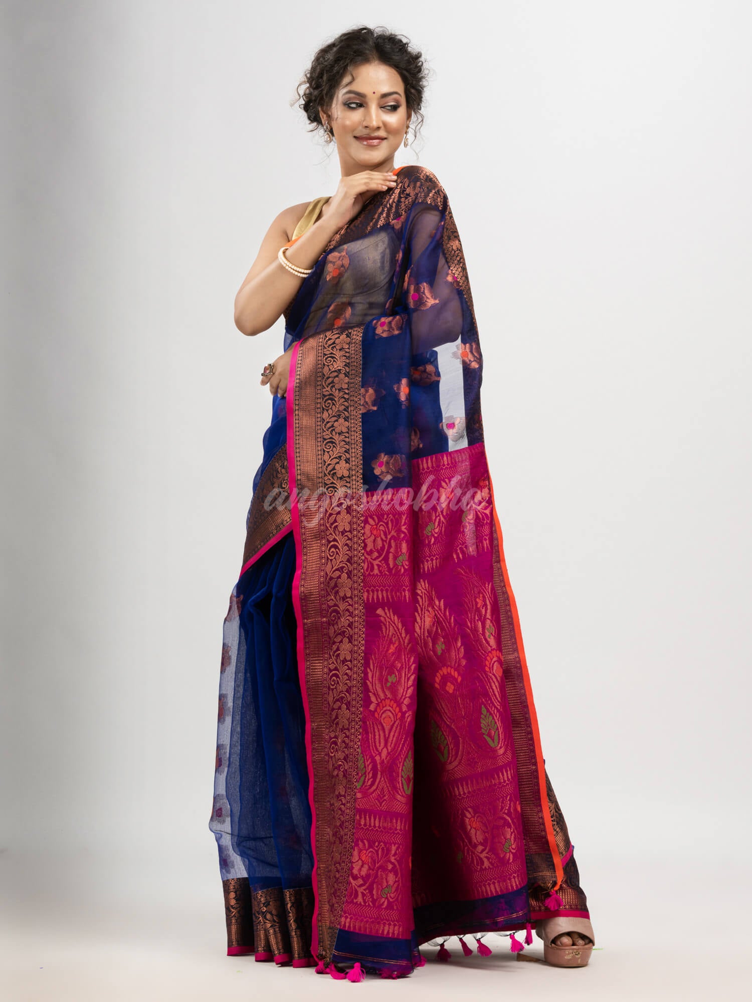 Royal Blue art silk Muslin Jacquard Jamdani Saree