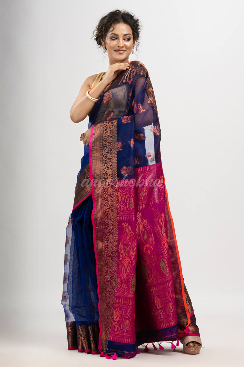 Royal Blue art silk Muslin Jacquard Jamdani Saree