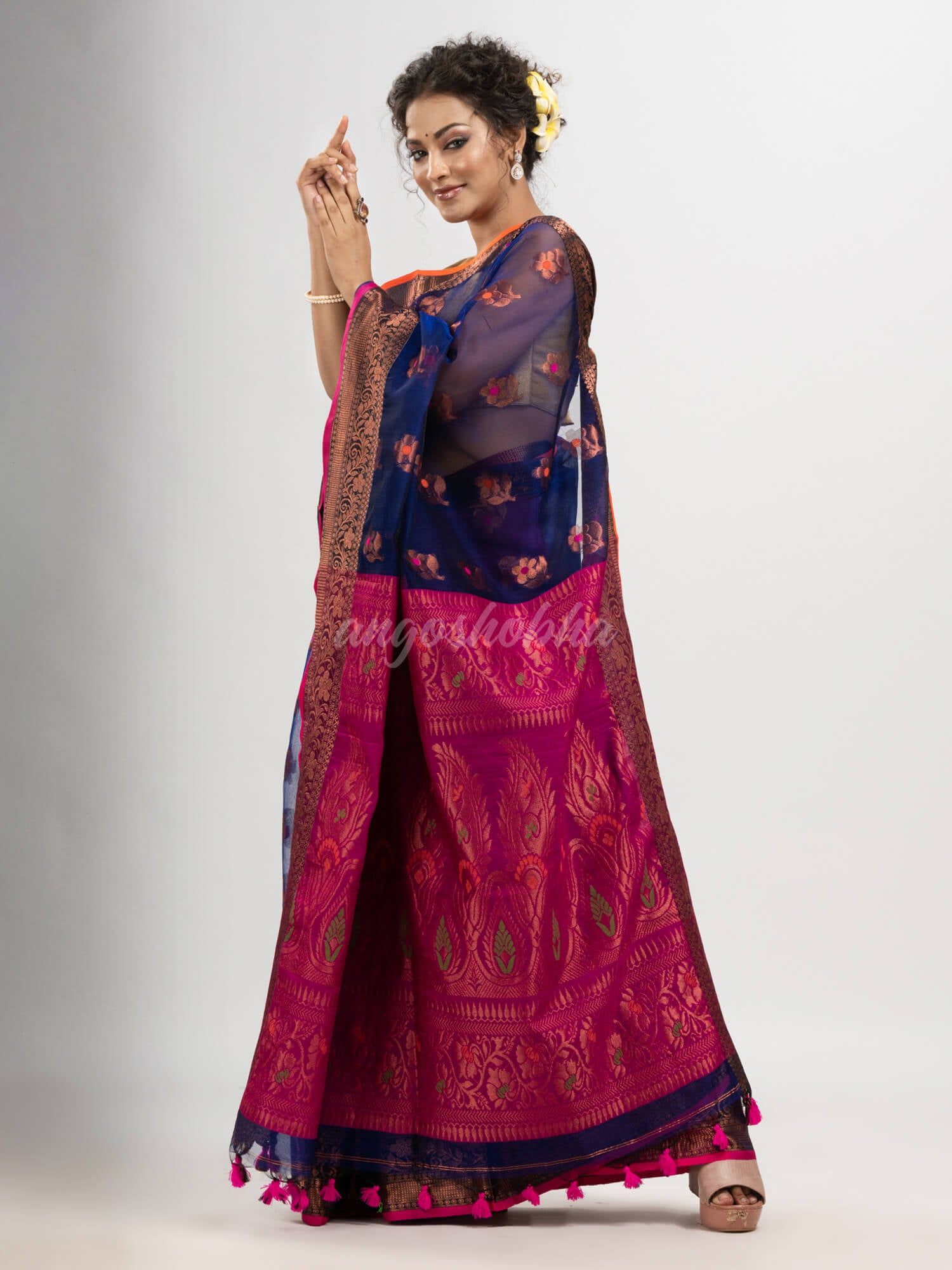 Royal Blue art silk Muslin Jacquard Jamdani Saree