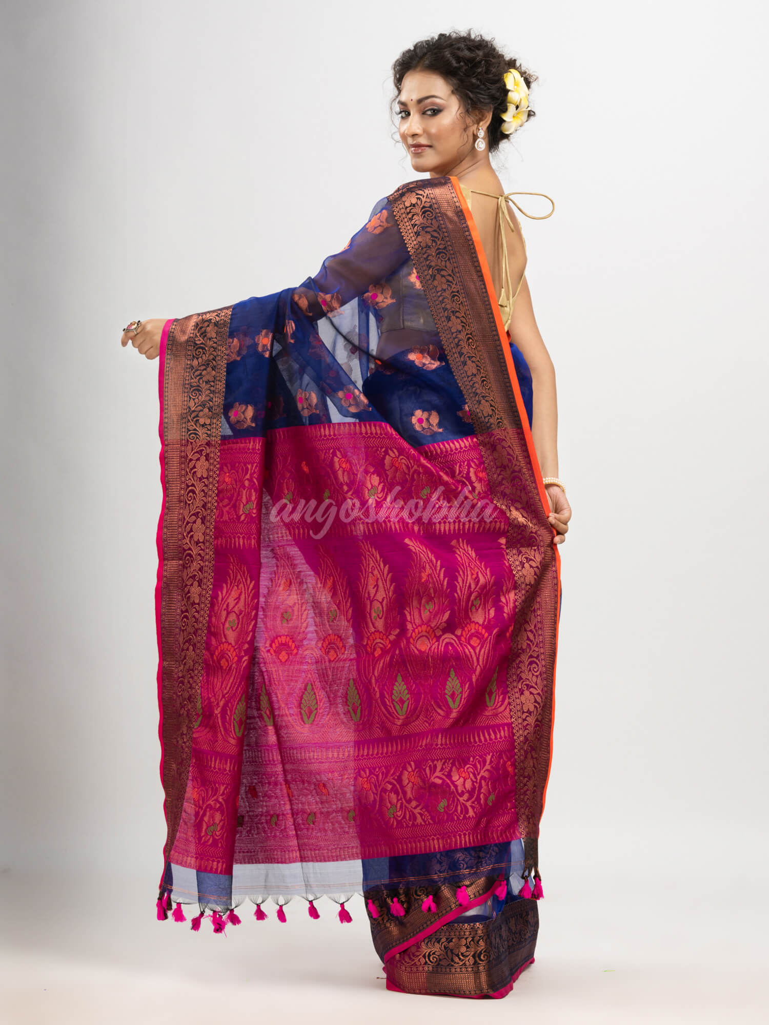 Royal Blue art silk Muslin Jacquard Jamdani Saree