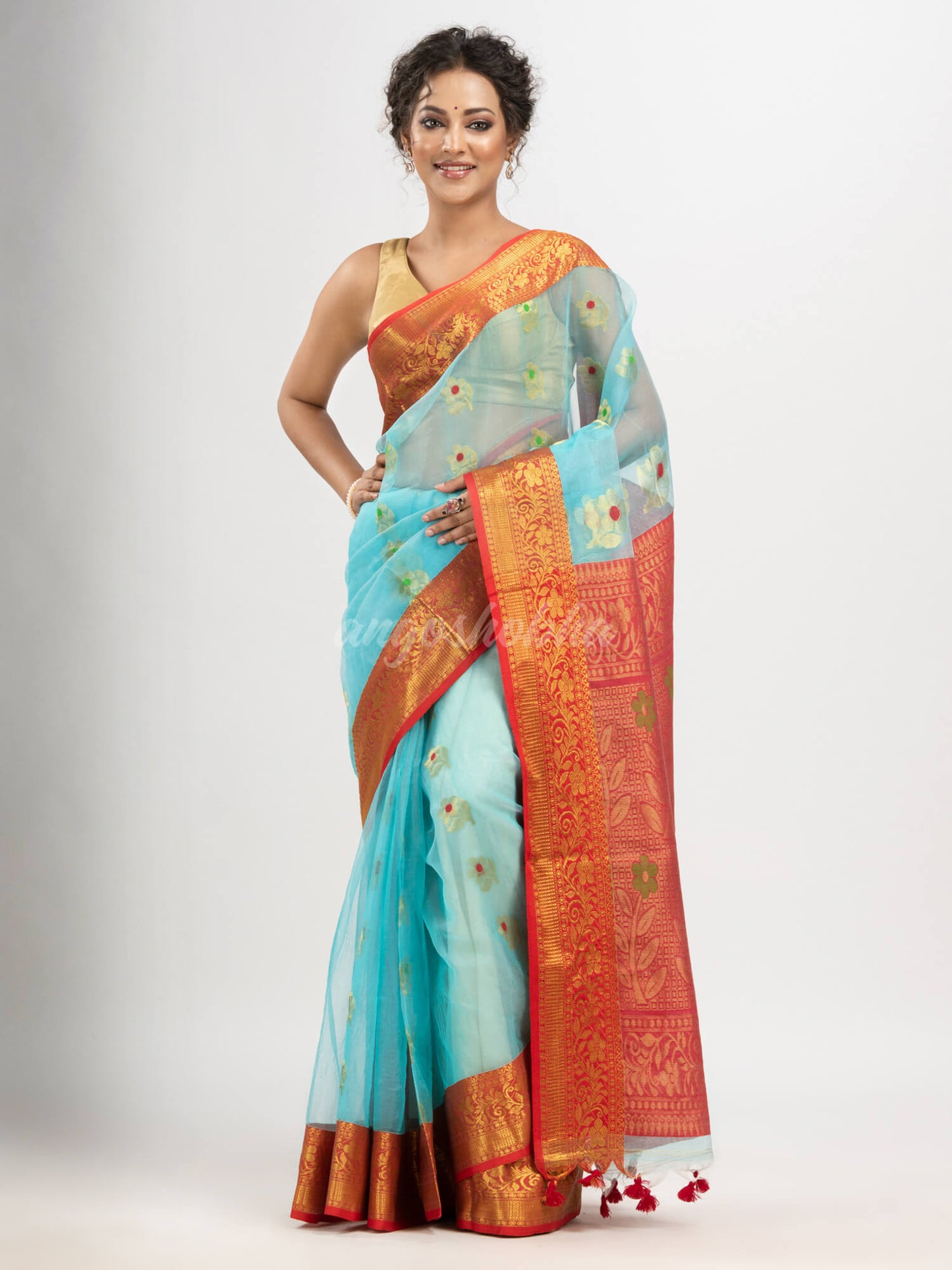 Sky Blue art silk Muslin Jacquard Jamdani saree