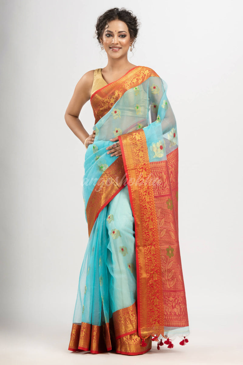 Sky Blue art silk Muslin Jacquard Jamdani saree