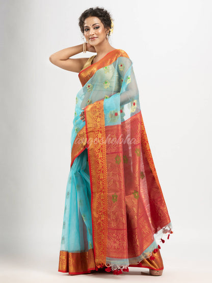 Sky Blue art silk Muslin Jacquard Jamdani saree