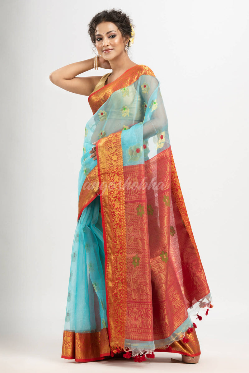Sky Blue art silk Muslin Jacquard Jamdani saree
