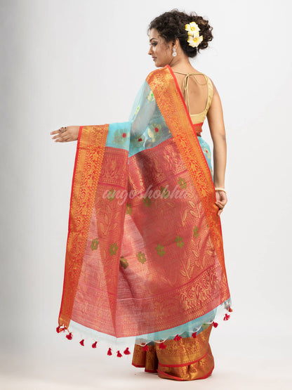 Sky Blue art silk Muslin Jacquard Jamdani saree