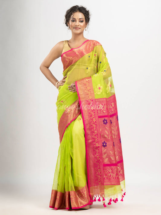 Lime Green art silk Muslin Jacquard Jamdani Saree