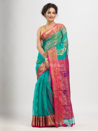 Turquoise art silk Muslin Jacquard Jamdani saree