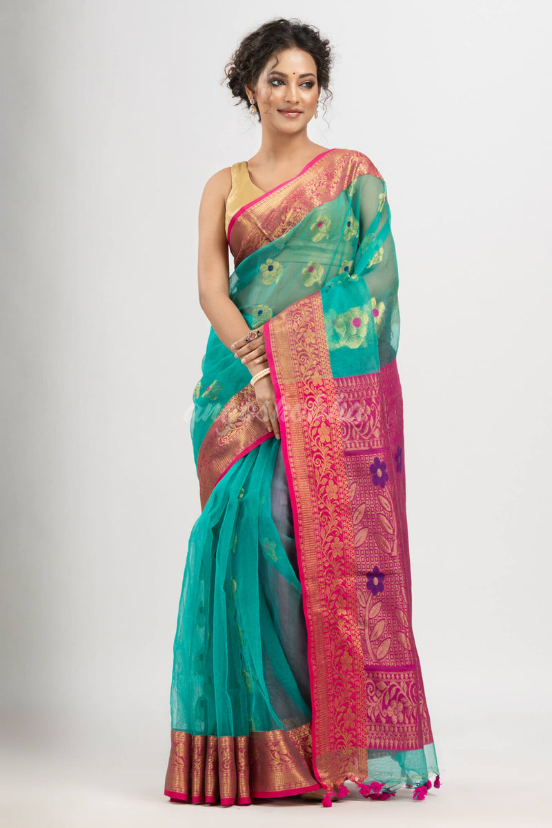 Turquoise art silk Muslin Jacquard Jamdani saree