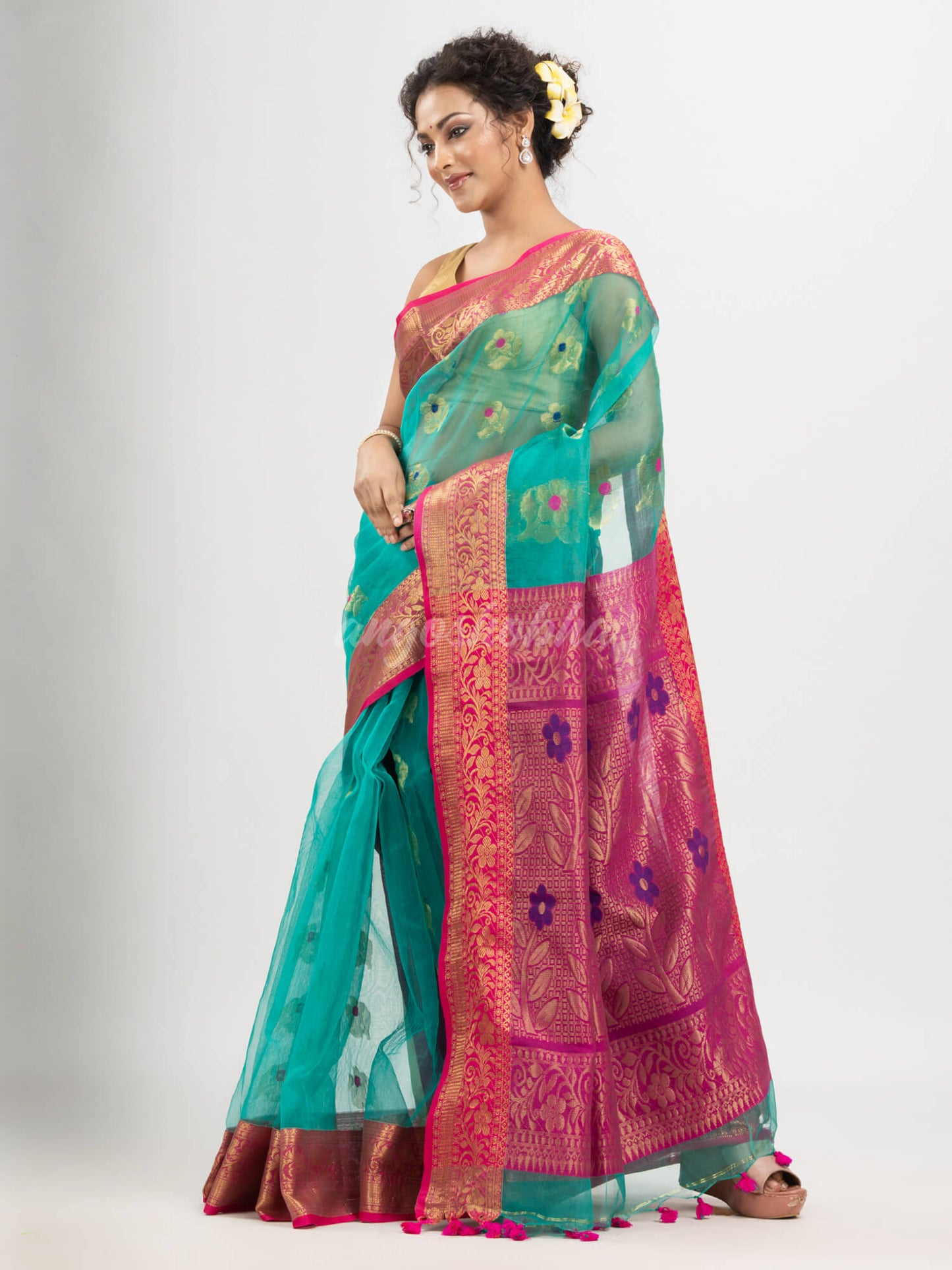 Turquoise art silk Muslin Jacquard Jamdani saree