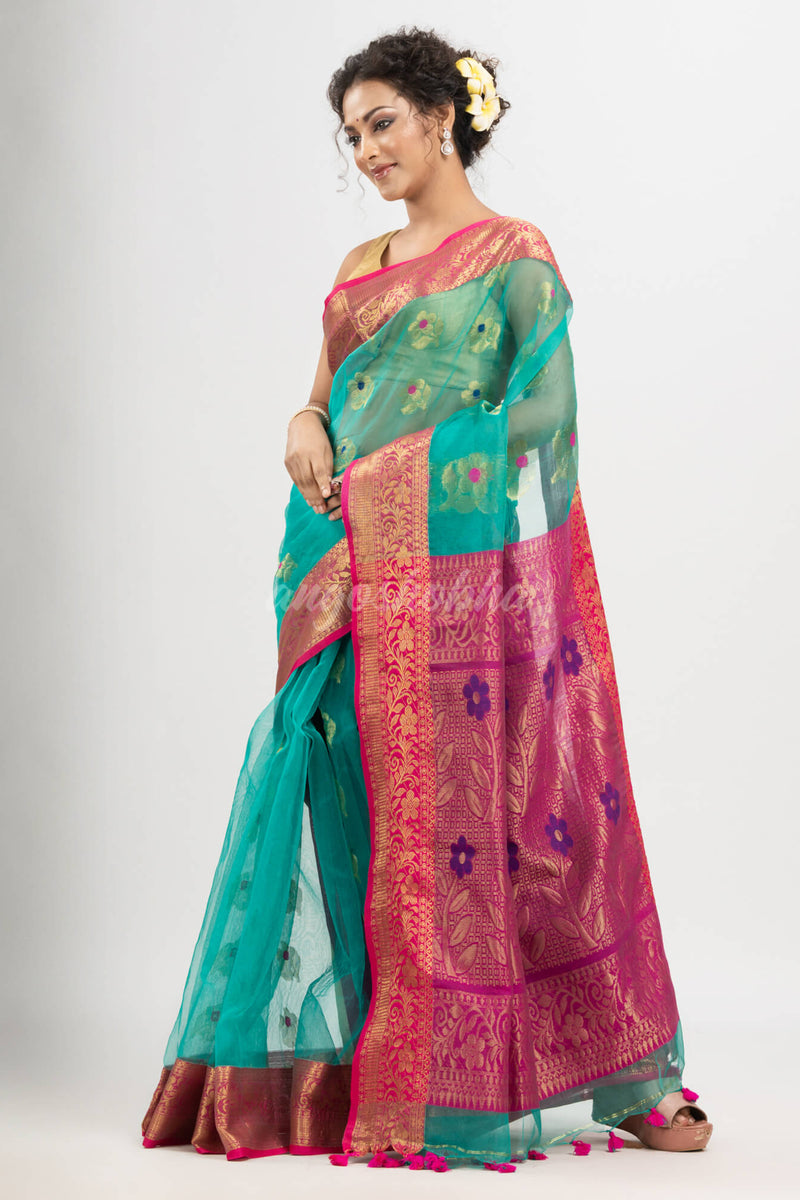 Turquoise art silk Muslin Jacquard Jamdani saree
